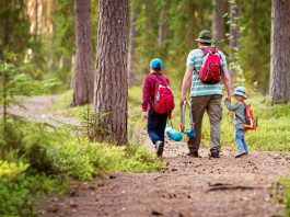 Familie wandert durch Wald