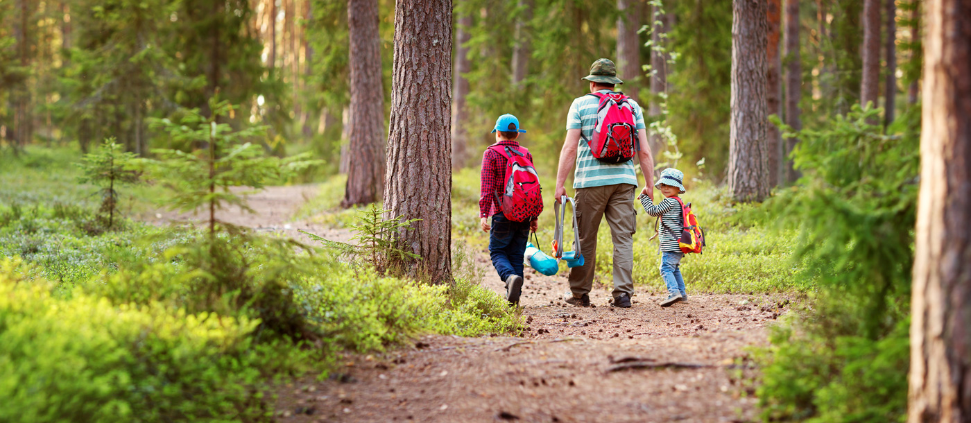 Familie wandert durch Wald