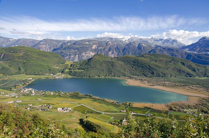 Blick auf den Kalterer See inmitten idyllischer Weinberge