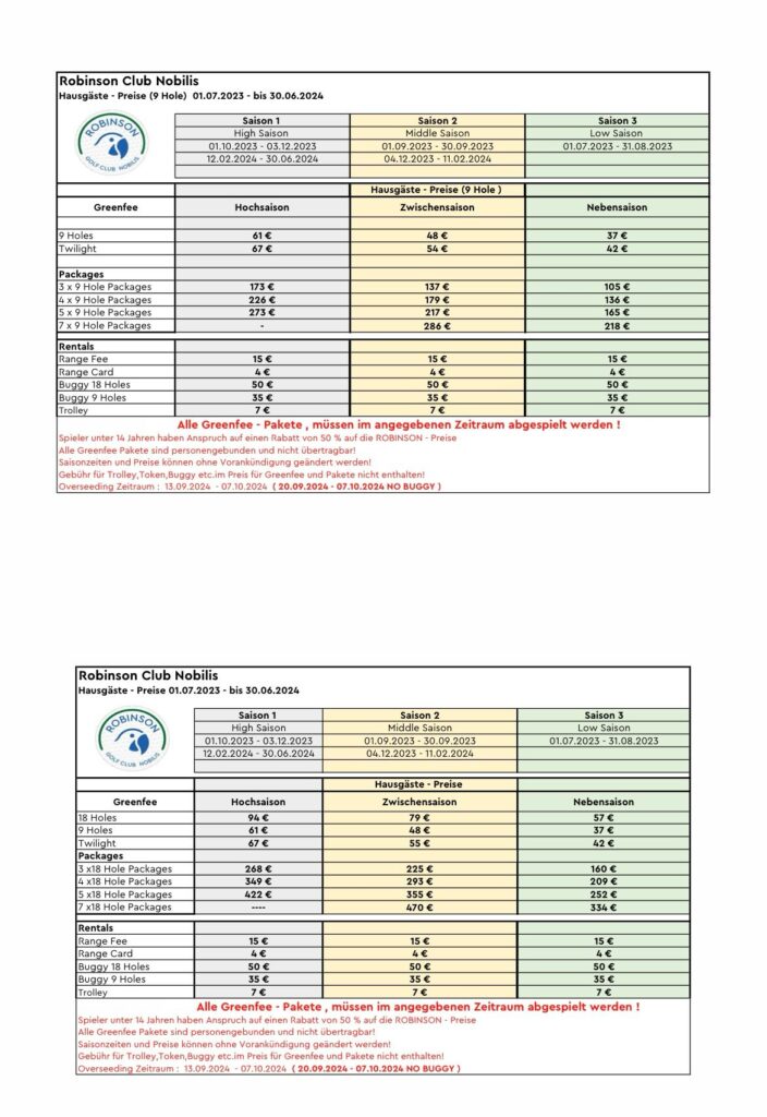 Robinson Nobilis Golf Preisliste