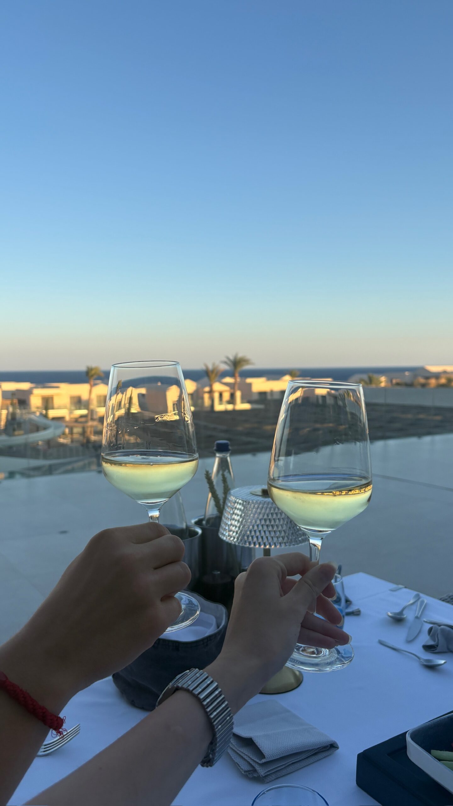 Zwei Hände halten Weißweingläser vor der Clubanlage des ROBINSON Ierapetra und dem Meer.
